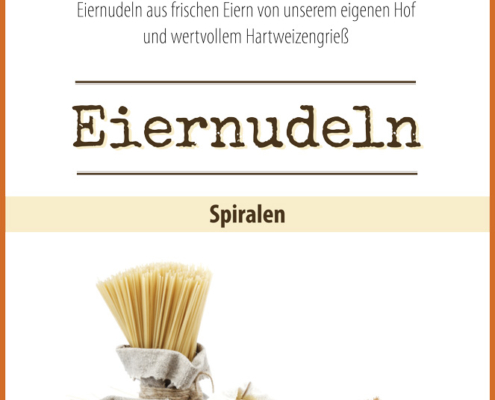 Grafikbeispiel für ein Nudel-Etikett, Abbildung mit Nudeln und Mehl in Säcken