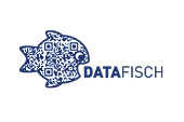 Kundenlogo in dunkelblau und Grafik Fisch mit QR-Code-Zeichen