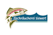 Kundenlogo Fischräucherei Siewert - weißer Schriftzug mit blauem Wellen-Hintergrund und Fischillustration