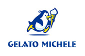 Kundenlogo Gelato Michele. Blauer Schriftzug mit einem laufenden Pinguin darüber, der ein Eis in der Hand hält.