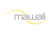 Kundenlogo mawaii, Schriftzug in grau mit gelber Welle hindurch