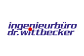 blaues Kundenlogo eines Ingenieurbüros mit rotem Punkt als i-Punkt.