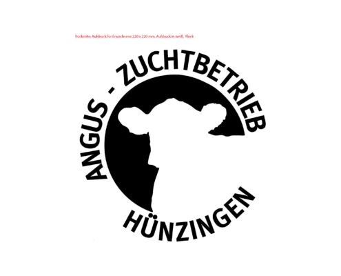 Kundenlogo schwarzer Kreis mit Silhouette vom Rind. um den Kreis die Firmierung Angus-Huchtbetrieb Hünzingen