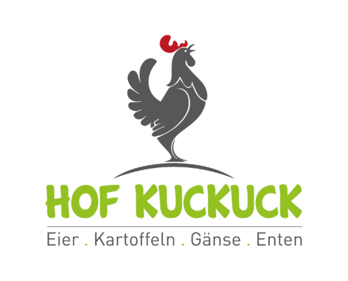 Kundenlogo, grüner Namen mit krähendem Hahn in schwarz darüber
