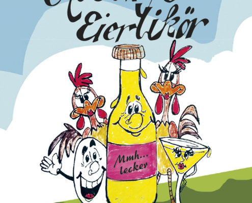 Grafikbeispiel für ein Nudel-Etikett mit lustiger Illustration einer Flasche und Hühnern